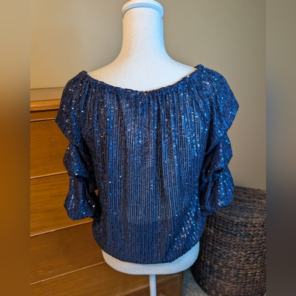 CeCe Sequined Blouse Women's Small Navy  Blouson Tiered Sleeve NWT - Picture 8 of 15